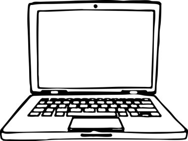 Görünür klavye ve ekranı olan açık bir dizüstü bilgisayarın minimalist çizimi, teknoloji ve tasarım projeleri için beyaz kullanımda izole edilmiş..