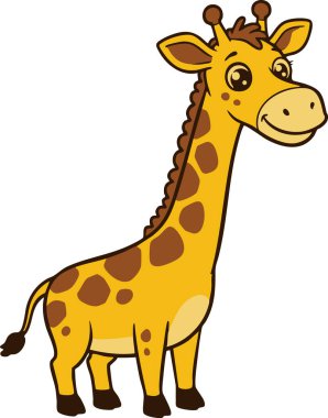 Dost canlısı çizgi film zürafası, eğitici materyal ya da çocuk çizimleri için ideal beyaz bir zemin üzerinde gülümsüyor..