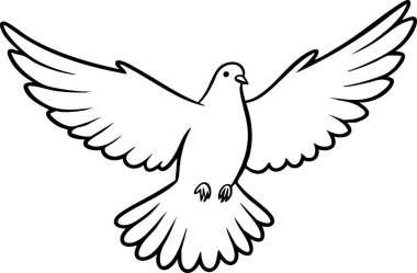 Kanatları açık uçan bir güvercinin basit siyah beyaz çizimi çeşitli yaratıcı tasarım ve projeler için hazır..
