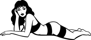 Çizgili mayo giymiş bir kadının yaz temaları ve grafik tasarım projeleri için başını elinin üzerine koyduğu görüntüsü..