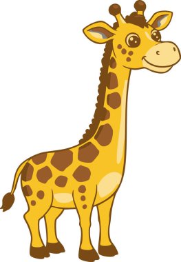 Çizgi film zürafası sarı gövdesinde kahverengi noktalarla mutlu duruyor. Çocuk kitapları ve eğitici çizimler için mükemmel..