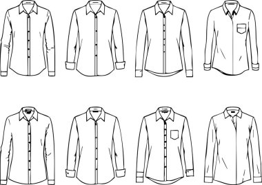 Moda tasarım kaynakları için çeşitli stiller sergilenen sekiz farklı uzun kollu gömlek siyah beyaz çizgi ile gösterilmiştir..