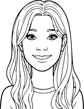 Siyah beyaz çizim, uzun saçlı, gülümseyen bir kızı sunar. Renk sayfaları ve çizimler için harikadır..