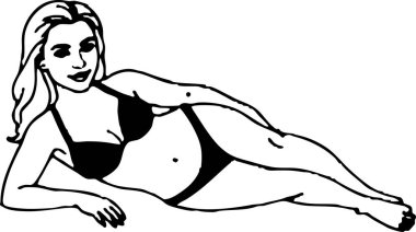 Beyaz bir arka plana karşı çizim tarzı bikini giyen bir kadın onu moda ve yaz çizimleri için ideal hale getiriyor..