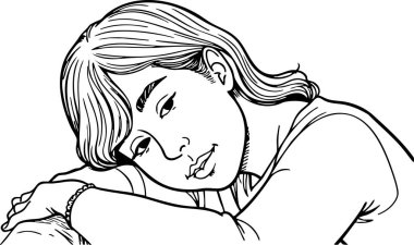 Siyah ve beyaz çizgili sanat tasviri, başını kollarına dayamış sakin ve düşünceli bir ruh hali sergileyen bir kadını tasvir ediyor. Web sitelerinde ve içinde çizimler için harika bir ruh hali..