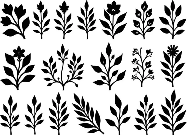 Çeşitli şekillendirilmiş bitki ve çiçeklerin siluetleri dekoratif ve tasarım amaçlı olarak beyaz bir arkaplanda sergilenmektedir..