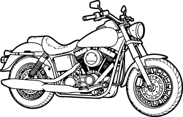 Renklendirme kitapları ve araç temalı tasarım projeleri için uygun beyaz zemin üzerinde temiz siyah ve beyaz motosiklet çizimi.