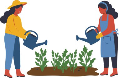 Bahçeye bakan iki kadın bu parlak illüstrasyonla bitkileri suluyor. Bahçıvanlık ya da çevre dostu içerik için mükemmel..