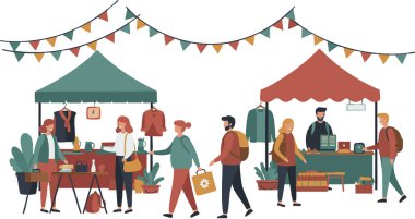 Renkli flamalar altında insanların tezgahlara göz attığı hareketli bir açık hava piyasa sahnesi. Bu görüntü toplumsal olayları resmetmek için mükemmeldir..