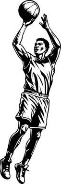 Zıplayan ve topa vuran bir basketbolcunun tek renkli çizimi.