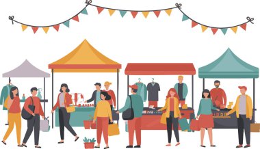 Düz vektör sanatı, insanların renkli bir açık hava pazarındaki tezgahları ziyaret edişini tasvir ediyor. Fuar veya halk festivali illüstrasyonu için mükemmel..