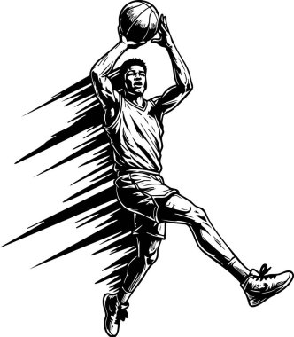 Hareket çizgileriyle sayı yapmak için sıçrayan bir basketbolcunun dinamik vektör çizimi. Spor tasarımı ve atletik temalar için ideal.