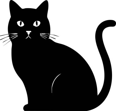 Oturan siyah bir kedinin zarif silüeti. Beyazlar üzerinde dışa kapalı anlamlı gözleri var. Cadılar Bayramı temaları ve evcil hayvan çizimleri için harika..