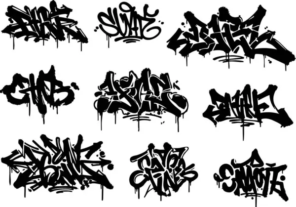 Bu graffiti tasarım seti, şehir sanatı veya kenar grafik tasarımları için ideal, damlayan boya efektleri ile ayrıntılı siyah beyaz sanat eserleri içerir..