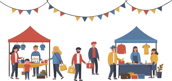 İnsanlar renkli bir açık hava pazarında, bayrakların altında çeşitli tezgahlar açmayı seviyor. Yerel işletmeleri ve toplulukları resmetmek için birebirdir..