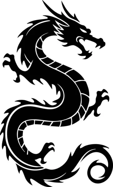 Karmaşık siyah ejderha illüstrasyonu kıvrımlı tasarım ve sert ifade içerir, temiz beyaz bir zemin üzerine kuruludur. Dövme tasarımları ve.