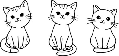 Oturan Üç Şirin Kedi Çizgi Film Tarzı Siyah ve Beyaz