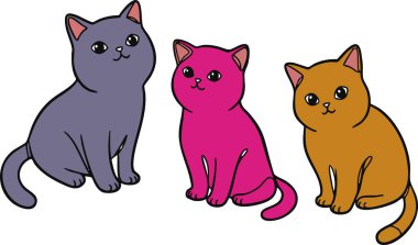 Beyaz Arkaplanda Farklı Renklerle Oturan Üç Çizgi Film Kedisi