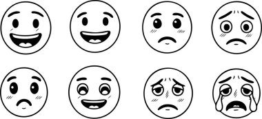 Basit Siyah ve Beyaz Biçimli Duyguları İfade Eden Emoji Yüzleri
