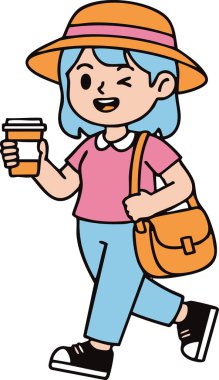 Cartoon woman with blue hair is walking while holding a coffee cup and wearing a hat and a shoulder bag against a white background, creating a cheerful and playful scene ideal for children's books and educational materials.