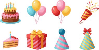 Cartoon style birthday set features layered cake with candles, balloons, present, party popper, and hat, set against a white background, suitable for birthday cards or celebration designs.
