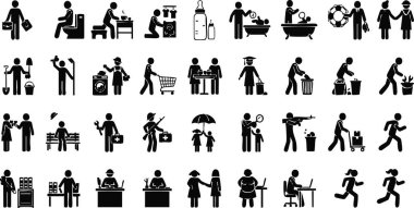 Beyaz zemin üzerinde farklı eylemleri ve meslekleri tasvir eden siyah çubuk figürü simgelerinin toplanması, kavramları resmetmek ve çeşitli aktiviteleri tasvir etmek için basit ama bilgilendirici görsel ideal oluşturur.