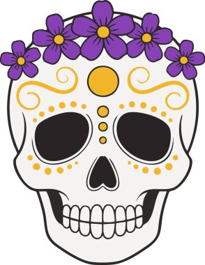 Sugar skull illustration features a white background with black accents, adorned with purple flowers, yellow ornaments, and detailed dental work, creating a celebratory and artistic composition for holiday themed designs.