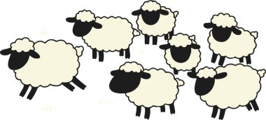 Şekil verilmiş çizgi film koyunları, seyrek bir çimen tarlasında beyaz arka planda otlarken tasvir edilir. Çocukların tasarımları ve eğitim materyalleri için mükemmel, eğlenceli ve basit bir illüstrasyon yaratır..