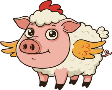 Smiling cartoon pig with pink skin, red tuft, golden wings and woolly fleece stands playfully, creating whimsical, cheerful mood perfect for children's designs and educational materials.