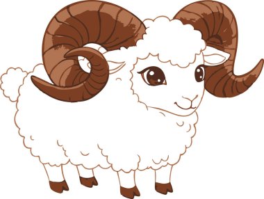 Çizgi film koçu, tüylü beyaz yün kürklü ve kahverengi boynuzlu, arkadaş canlısı ve büyüleyici bir havayı ifade ediyor, çocukların çizimleri ve eğitim içeriği için harika..