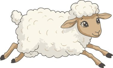 Bej renkli yüzü ve bacakları olan bir koyun beyaz bir arkaplanda koşuyor ve gülümsüyor. Bu da onu çocuk kitapları ve eğitim kaynakları için ideal kılıyor..