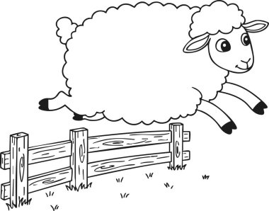 Gülen koyun, çocuk kitapları ve eğitim materyalleri için uygun siyah beyaz çizgi sanatının yer aldığı bir çizgi filmdeki ahşap bir çitin üzerinden atlamak..