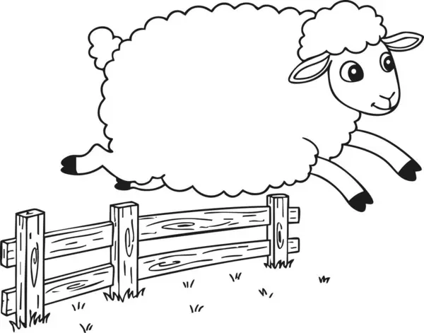 Gülen koyun, çocuk kitapları ve eğitim materyalleri için uygun siyah beyaz çizgi sanatının yer aldığı bir çizgi filmdeki ahşap bir çitin üzerinden atlamak..