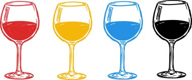 Kırmızı, sarı, mavi ve siyah renkli dört çizilmiş şarap kadehi beyaz bir arkaplan karşısında duruyor ve bar ve restoran dekorasyonu için cesur ve renkli bir illüstrasyon oluşturuyor..