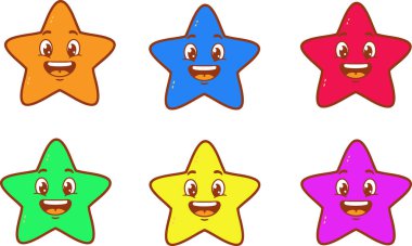 Her biri turuncu, mavi, kırmızı, yeşil, sarı ve mor gibi farklı renkli altı çizgi film yıldızı eğitim kaynakları için harika beyaz bir zemin üzerinde neşeyle gülümsüyor..