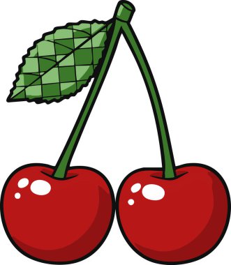 Bir çift kırmızı kiraz, beyaz bir zeminde yeşil saplı ve yaprak ile asılı duruyor. Yiyecek illüstrasyonu veya çocuk medya projeleri için eğlenceli ve basit bir tasarım sunuyorlar..