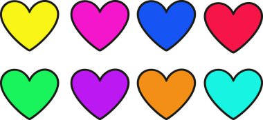 Beyaz arka planda parlak ve neşeli bir desen içinde renkli kalplerin toplanması, neşeli ve canlı bir tasarım yaratmak, kutlama veya tasarım projeleri için ideal..