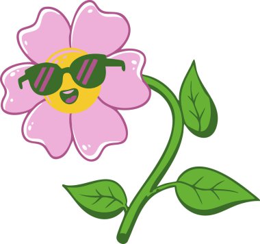 Pembe taç yaprakları ve gülümseyen sarı merkezli çizgi film çiçekleri, beyaz bir arkaplana karşı yeşil güneş gözlüğü takıyor ve çocukların çizimleri için mükemmel ve kaprisli bir his yaratıyor..