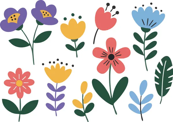 Çeşitli renkli çiçekleri ve sarı, mor, kırmızı ve mavi yaprakları içeren çeşitli çiçek çizimleri bahar temalı arka planlar ve dekoratif desenler için mükemmel canlı ve neşeli bir tasarım yaratır..