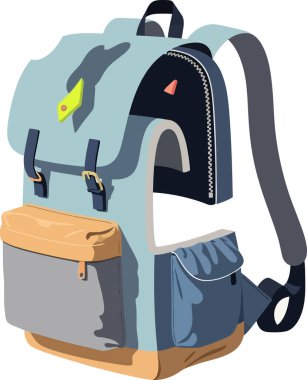 Birden fazla cebi ve tokası olan açık mavi bir sırt çantası beyaz bir arka planda duruyor. Pratik tasarımını, seyahat ve okul pazarlaması için uygun, modern bir tarzda sergiliyor..