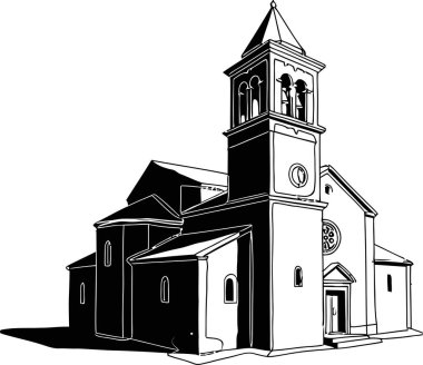 Tek renkli bir kilisenin mimari tasviri ayrıntılı çizgiler, belirgin bir çan kulesi ve geometrik şekiller içerir ve seyahat veya mimari tasarımlar için uygun klasik ve grafik bir görünüm yaratır..