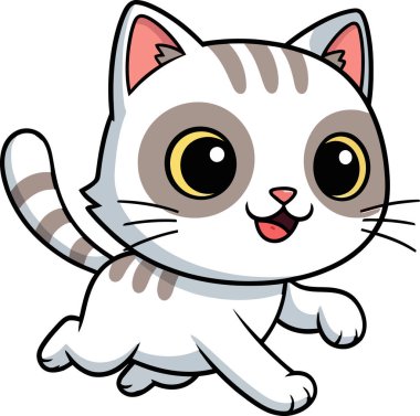 Beyaz kürklü ve gri çizgili şirin kedi yavrusu, büyük sarı gözleri ve mutlu ifadesi, çocuk kitapları ve eğlenceli tasarımlar için ideal neşeli bir ruh hali yaratır..