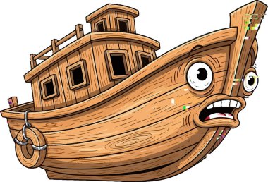Çizgi film teknesi yüzüyor ve korkmuş görünüyor, açık kahverengi ahşap dokusu, büyük gözleri ve ağzı var, stilize bir çizgi film tasarımı ile sunuluyor, çocukların çizimleri ve eğitim içeriği için mükemmel..
