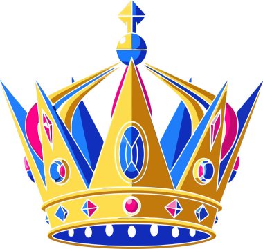 Mavi ve pembe mücevherlerin yer aldığı ayrıntılı altın taç beyaz bir arkaplanda sergilenerek kraliyet temaları ve tasarım projeleri için ideal bir kraliyet ve süs illüstrasyonu oluşturulmuştur..