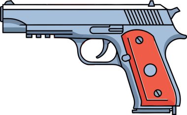 Turuncu kabzalı gri tabanca beyaz arka planda izole edilerek, yazı işleri veya suçla ilgili içerik için uygun net ve ciddi bir görüntü oluşturuluyor.