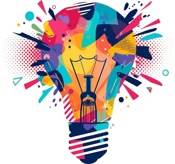 Canlı renkler ve geometrik şekiller içeren soyut ampul illüstrasyonları yaratıcılık, yenilik ve pazarlama veya tasarım projelerinde fikirler için ideal dinamik ve modern bir tasarım yaratıyor..