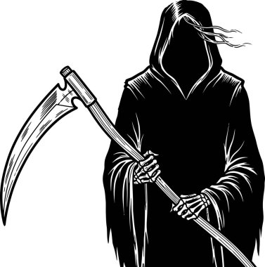 Hooded reaper figure with skeleton hands is holding a scythe, darkly stylized in black and white for conceptual designs, graphic illustrations, or thematic content.