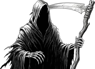 Kapüşonlu cüppeli Azrail siyah-beyaz çizgi romanlarda tasvir edilir. Cadılar Bayramı veya fantezi teması için ideal karanlık ve gizemli bir atmosfer sunar..