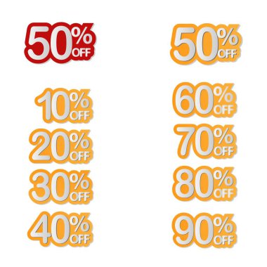 % 10,% 20,% 30,% 40,% 50,% 60,% 70,% 80,% 90 indirim. İndirimli etiketler vektör rozeti şablonunu ayarlar. Satılık fiyat tabelası. Özel teklif sembolü. İndirimli terfi. İndirimli rozet şekli. Vektör tasarımı