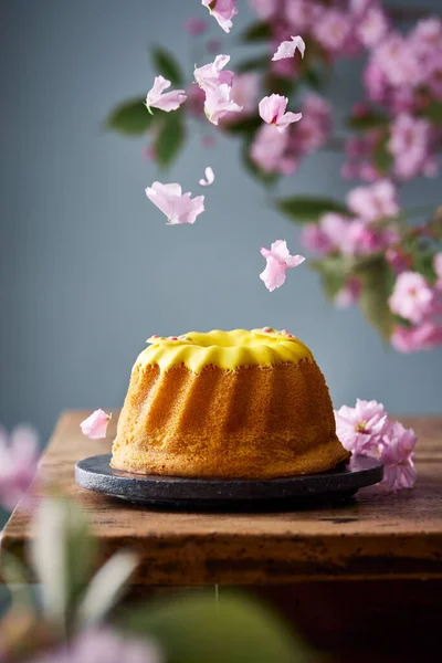 Sarı jöleli kek. Düşen kiraz çiçekleri yaprakları. Bahar geldi. Paskalya temalı kek..